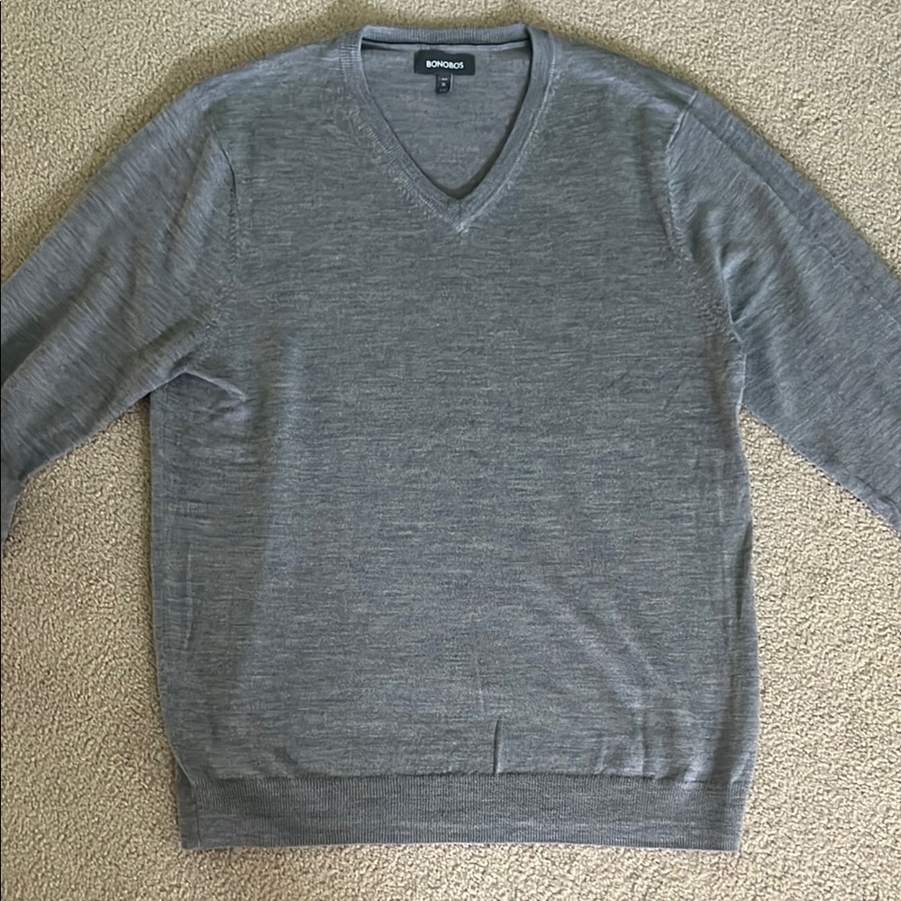 100% Extra Fine Merino Wool Bonobos Gray V-Neck Sweater Size Extra Large XL